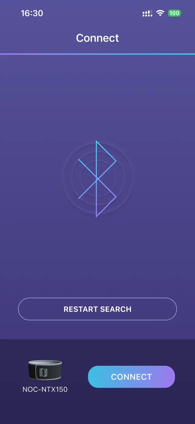 Nidra Technician Bluetooth connection screen searching for a band